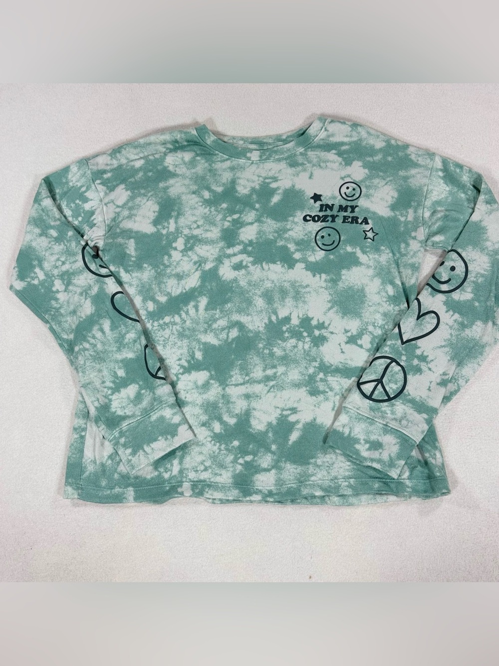 SO Girls L 10/12 Green/White Tie-Dye Long Sleeve Smiley Graphic Crew Tee Size L